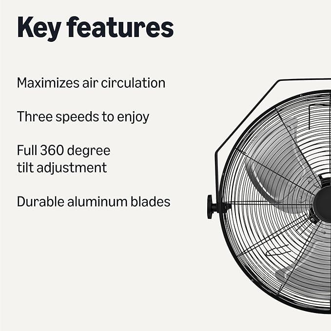 Amazon Basics 18" Indoor Wall-Mounted Industrial Fan with Three Speeds, High CFM, Heavy-Duty Metal Blades, Tilt Head, for Commercial Use, Warehouse, Basement, Black