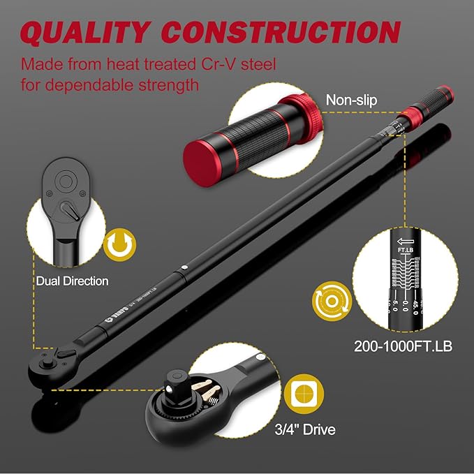 VANPO 3/4-inch Drive Click Torque Wrench, 200-1000 Ft-Lb/271-1355 Nm, 48.03'' Length, 48-Tooth Click Torque Wrench with a Hex Key, Precision Mechanic Tools for Oil Rigs, Trucks & Wind Turbines