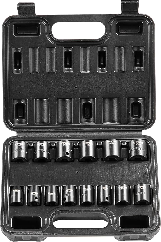 VEVOR 3/8" Drive Impact Socket Set, 14 Piece Shallow Socket Set Metric 7-20mm, 6 Point Cr-Mo Alloy Steel for Auto Repair, Easy-to-Read Size Markings, Rugged Construction, Includes Storage Case