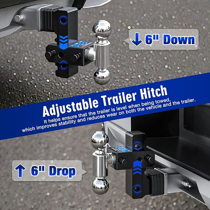 Adjustable Trailer Hitch Fits 2" Receiver - Heavy-Duty 12,500 lbs GTW Aluminum Tow Hitch with Dual Ball (2" & 2-5/16"), 6" Drop/Rise, 4 Silencer Pads & Anti-Theft Lock for Trucks and SUVs