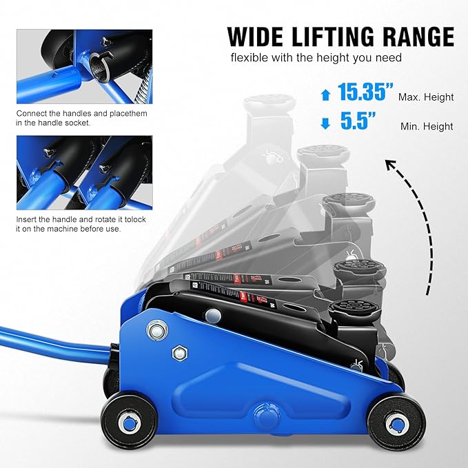 DNA Motoring Low Profile Hydraulic Trolley Service/Floor Jack, 1.5 Ton (3000 lbs) Capacity, Lifting Range 5.5"-15.35",Blue, TOOLS-00675-BL