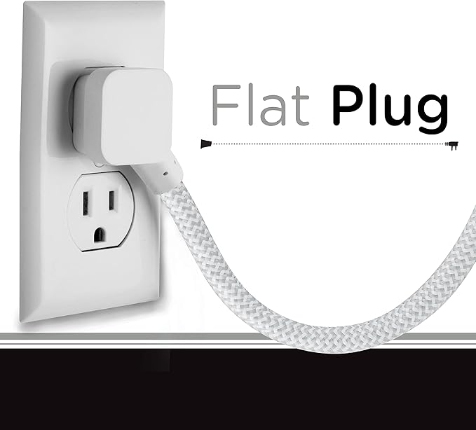 Cordinate 3 Outlet Power Strip Surge Protector Indoor Extension Cord 16 Gauge 10 Ft 3 Prong Braided Extension Cords Flat Extension Cord ETL Listed White 37914