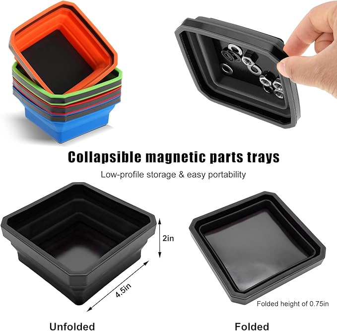 Collapsible Magnetic Parts Tray, 4.5 Inch Foldable Magnetic Square Silicone Tray, Tool Tray Set with Double-Sided Magnetic Base for Screw Bolts Nuts Pins, Car Accessories (Black, 1 PCS)