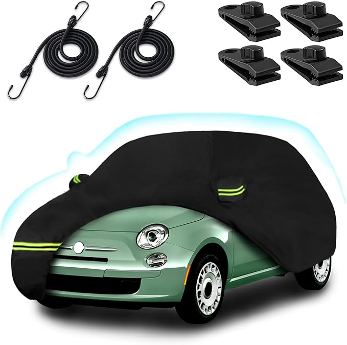 Car Cover for 2007-2025 Fiat 500/500C/500E Abarth/New Fiat 500 (Hatchback/Cabrio/3+1), 210T Waterproof Sun Rain Dust Snow Protection Outdoor Fiat Car Cover with Cotton Lining and Zipper Door-Black