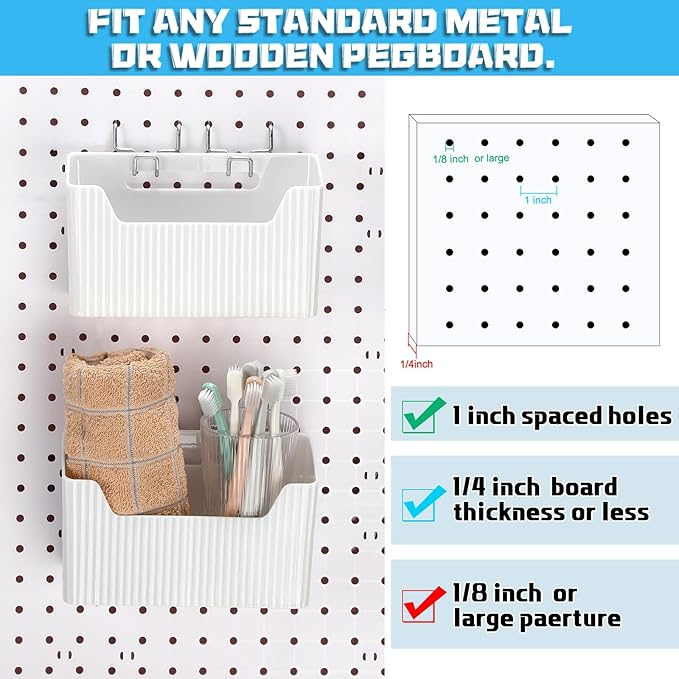 Suzile 4 Pcs Pegboard Bins Plastic Bins Set 7.9 x 3.3 x 4.7'' Pegboard Containers with Metal Hooks Organizing Assortment Accessories for Organizing Storage Tools Storage Workbench Garage (White)