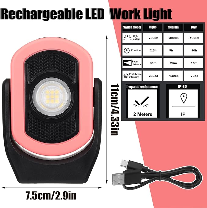 Retisee 2 Pack 780 Lumens Magnetic Work Light USB Rechargeable LED Flashlight Portable Inspection Light for Car Repair Emergency Lighting Mechanics Workshop (Pink-2PK)