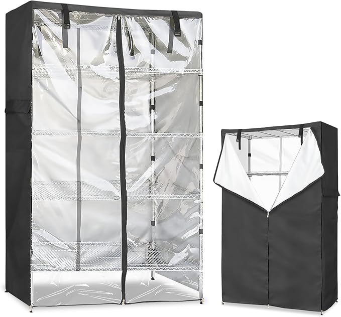 Wire Rack Covers,Heavy Duty 600D Dustproof Waterproof Storage Rack Covers for Metal Shelves,Storage Shelf Cover with Zipper for Wire Shlef,48''W x 19''D x 72''H,Black with Clear Front