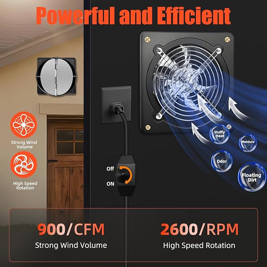 10 Inch Exhaust Fan with Speed Controller, 900CFM Wall Mount Exhaust Fan for Kitchen, Metal Ventilation Extractor Fan with Damper for Bathroom, Garage, Attic, Shop, Pet Room, Smoking Room, Basement