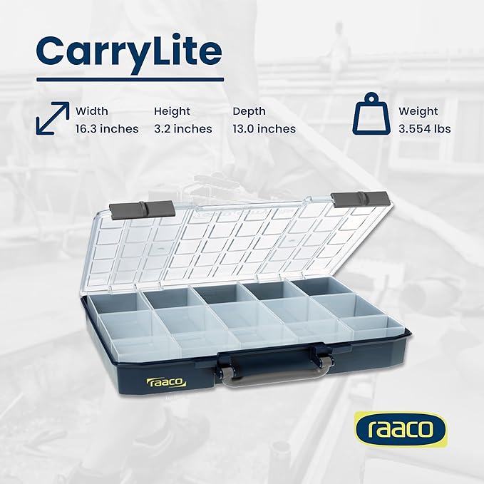 Raaco CarryLite Deep Small Parts Organizer Box – 3.2 Inch Height – 15 Inserts – Anti-Mix U-Profile Lid for Screws, Bolts & Nuts – Secure Sliding Lock – Portable Hardware & Tool Storage (CarryLite 80)