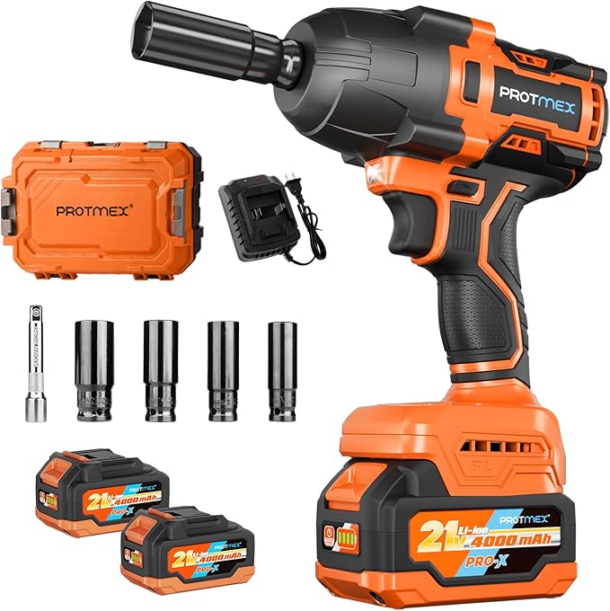 Protmex 900Ft-lbs (1200N.m) Impact Wrench, 1/2" Cordless Impact Driver, 21V High Torque Power Impact Gun - 2x4.0Ah Batteries, Variable Speeds Impact Motor for Pickup Truck/Family Car (Orange Red)