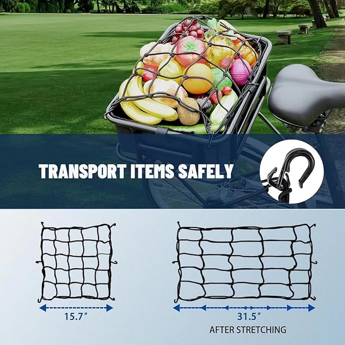 Bike Cargo Net for Bike Tote and Basket, Cargo Netting for Bike Storage, 15.7” x 15.7”, Expandable Bungee Net with 6 Hooks, Bicycle Accessories, Black Color