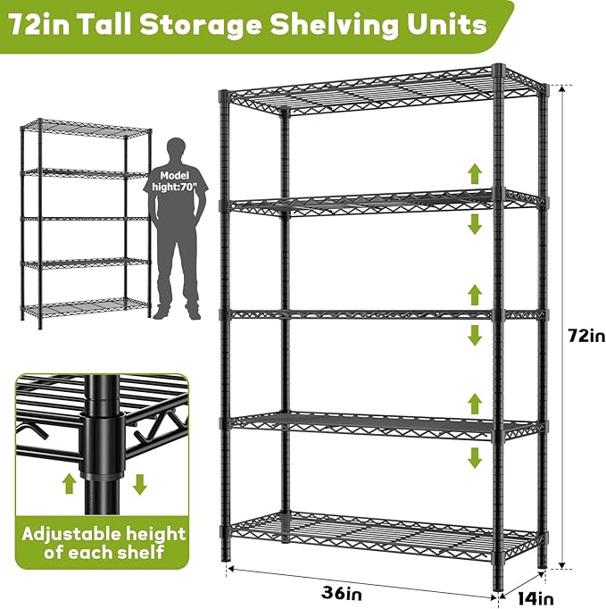 Storage Shelves, 3 PCS 36" L x 14" W x 72" H Heavy Duty Garage Wire Shelving Unit Loads 1750LBS, 5-Tier Adjustable Metal Industrial Utility Shelf Rack for Kitchen, Laundry Room, Basement