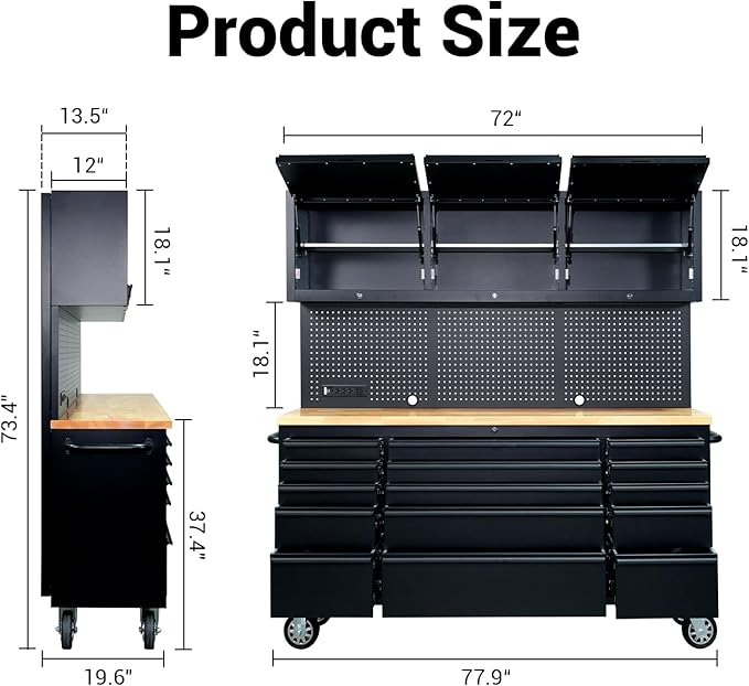 CHETTO C 72-inch Rolling Tool Chest Cabinet Mobile Workbench Black Tool Box with 3 Upper Cabinet 15 Storage Drawers Wheels Outlet SS Pegboard for Warehouses