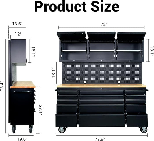 CHETTO C 72-inch Rolling Tool Chest Cabinet Mobile Workbench Black Tool Box with 3 Upper Cabinet 15 Storage Drawers Wheels Outlet SS Pegboard for Warehouses