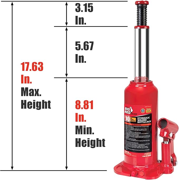 BIG RED T91003B Torin Hydraulic Welded Bottle Jack, 10 Ton (20,000 lb) Capacity, Red & T43202 Torin Steel Jack Stands: 3 Ton (6,000 lb) Capacity, Red, 2 Count (Pack of 1)