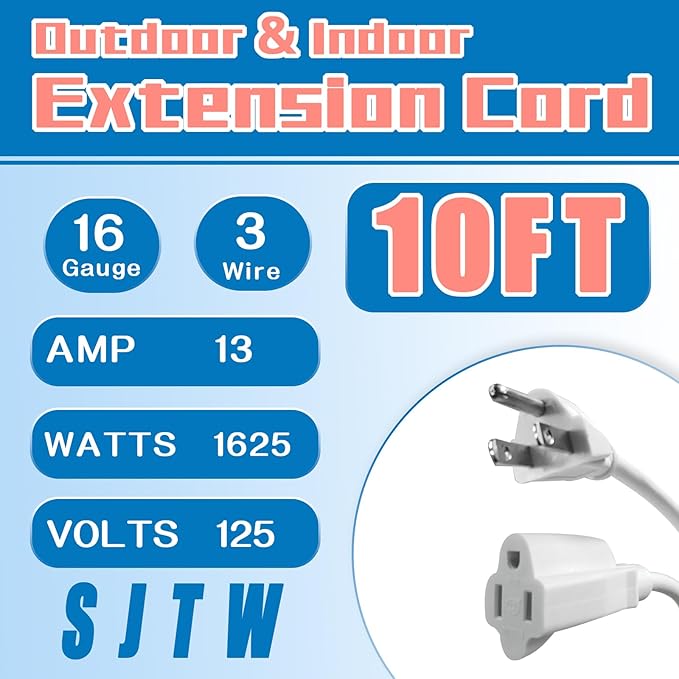Indoor Outdoor Extension Cord 10 FT, 16/3 SJTW Weatherproof White Electrical Cords, 13 AMP Heavy Duty 3 Prong Power Cable Great for Garden, Landscaping & Holiday Decorations