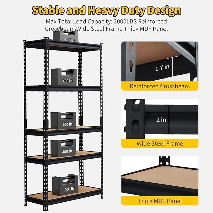 PeakPursuit Storage Shelving Unit, 5-Tier Adjustable Metal Storage Shelves, 30" L x 12" W x 60" H Heavy Duty Garage Storage Shelves for Kitchen Pantry Basement Bathroom Laundry