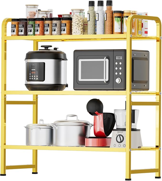 3 Tier 30" Wide Metal Wire Shelf, Stackable & Adjustable Gold Utility Shelves for Pantry, Garage, Closet Storage