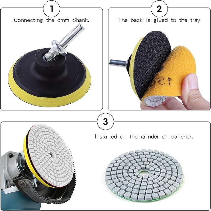 Diamond Polishing Pads 3 inch Wet/Dry Polishing Kit 10pcs 50#-3000# Grit Pads Plus a Backer Pad for Granite Concrete Marble Polishing