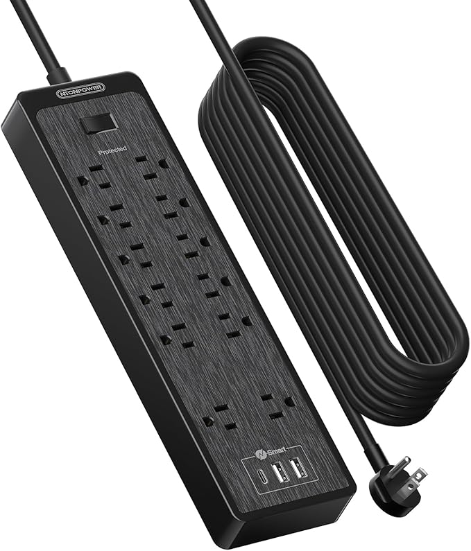 NTONPOWER 25 Ft Extension Cord Flat Plug, 12 Outlets(2 Widely Space) 3 USB with 2100J Surge Protector Power Strip, Overload Protection, 1875W/15A, Wall Mount for Home Office, Workbench or Garage,Black