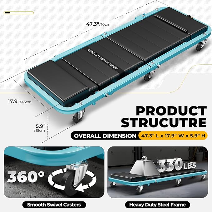 Auto Dynasty 48" Z-Creeper Seat, 2-in-1 Foldable Garage Creeper Shop Seat, 330 LBS Capacity Automotive Mechanic Repair Under Car Rolling Creeper Seat, Sky Blue