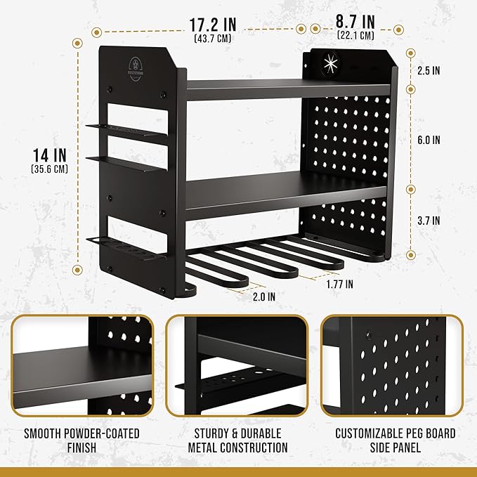BUILTSTRONG Power Tool Organizer Wall Mount - 3-Tier Heavy-Duty Metal Hand Tool Storage Rack, Utility Racks, Drill Holder, PegBoard Side, & More - Garage Storage Cordless Tool Organizer (Black)