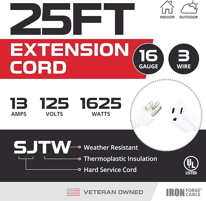 Iron Forge Cable 2 Pack Weatherproof 25 Ft Outdoor Extension Cord - 16/3 SJTW Heavy Duty White Extension Cord 3 Prong - 13 Amp Exterior Power Cable