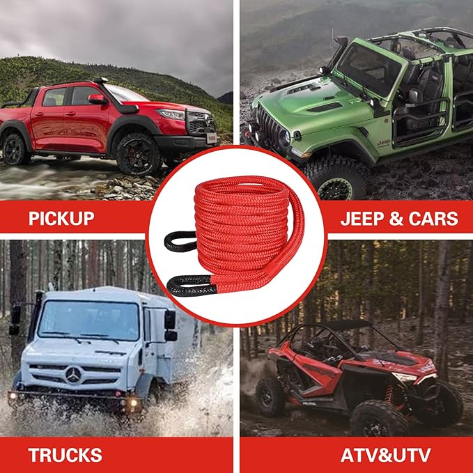 Kinetic Recovery Rope 1in x 30ft 48000lbs 30% Elasticity Heavy Duty Tow Ropes for Trucks ATV,UTV,Jeep Off-Road Red