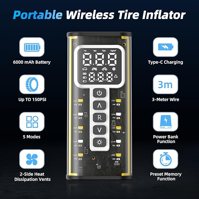 Tire Inflator, 150 PSI, 9000mAh Battery Air Compressor, Car Tire Pump, Air Pump for Car Tires, Bike Inflator, Car Accessories for Cars, Motorcycles & Bicycles