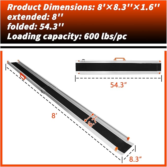 PENSUN Adjustable Aluminum Wheelchair Ramp, 4.5-8 FT Folding Non-Slip Aluminum Handicap Ramp, Non-Skid Portable Foldable Wheelchair Ramps for Home Steps, Stairs, Car, Curbs, Doorways