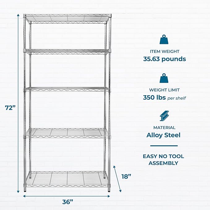Honey-Can-Do 5-Tier Adjustable Shelving Unit, Chrome SHF-09685 Chrome, 1750lbs (350-lb Weight Capacity Per Shelf)