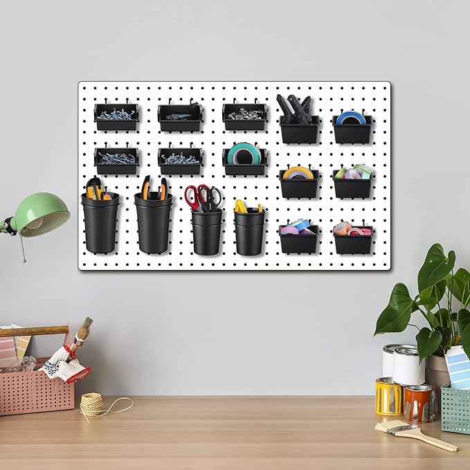 Sieral 64 Pieces Pegboard Bins Pegboard Cups with Hooks and Loops Peg Hooks Assortment Organizer Accessory for Organizing Accessories Tools Storage Office Workshop Garage Workbench (Black)