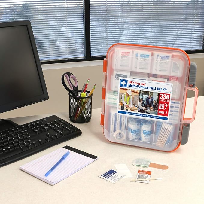 24/7 First Aid OSHA Compliant First aid Kit, All-Purpose 100-Person Emergency First Aid Kit for Business, Home, and Car in Plastic Case with Easy-Slide Latches, 336 Pieces
