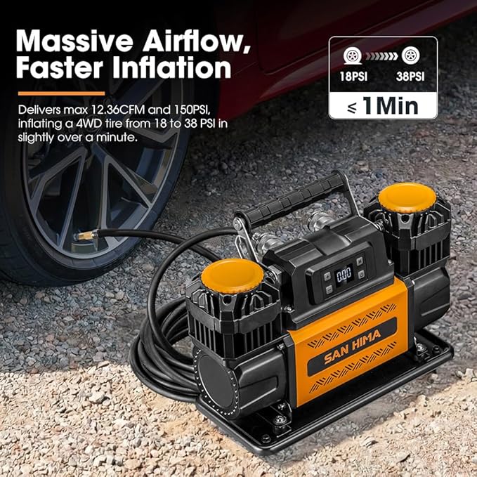 SanHima 12V Air Compressor - Dual Cylinder Portable Tire Inflator 12.36 CFM w/LED Screen, Offroad Air Pump Heavy Duty Max 150 PSI for 4x4 Vehicle RV Truck Tires