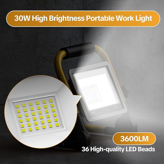 AIKVSXER 3600LM Led Work Light, 30W 6000K Portable Flood Light with 5.9FT Cord & Switch, IP66 Waterproof Worklight for Indoor Outdoor Job Site Repairing Garage Workshop, Gifts for Man, 2 Pack