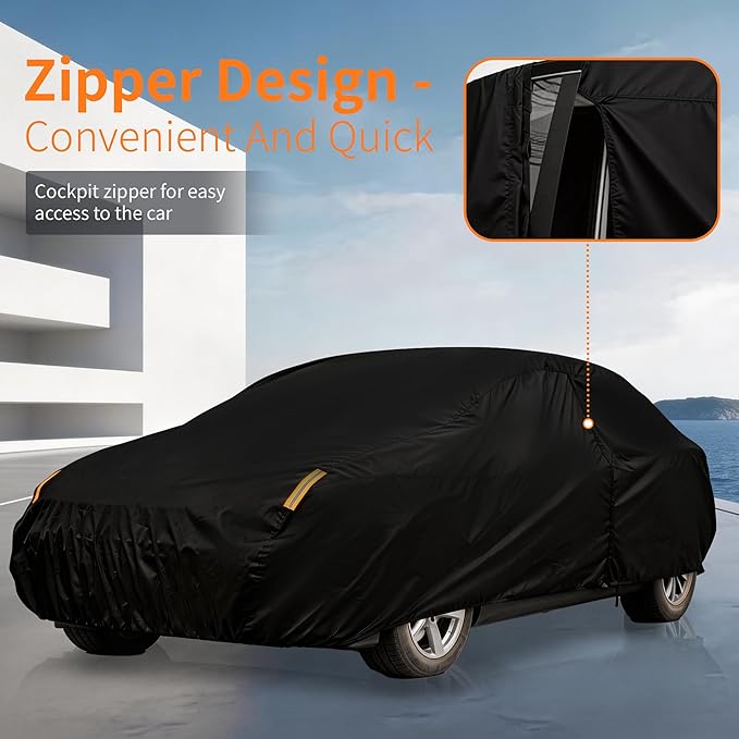 Waterproof Car Cover All-Weather, Heavy-Duty Outdoor Full Exterior Automobiles Snow Cover for Sedan/Coupe 194-203 inch with Sun Visor,Zippered & Storage Bag - Black