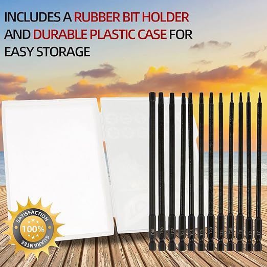 6" Long Torx Bit Set (12 Pack of Drill Bits with Case) Security Tamper Proof Star Design in T7, T8, T9, T10, T15, T20, T25 x 3, T27, T30, and T40