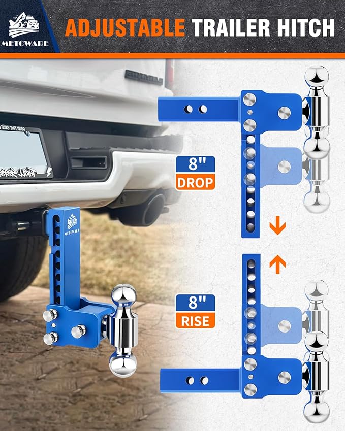 METOWARE Adjustable Trailer Hitches Fits 2 Inch Receiver, Adjustable Ball Mount with 8-Inch Drop/Rise (12,500 LBS GTW), Dual Ball (2" x 2-5/16") and Anti-Theft Stainless Steel Trailer Lock (Blue)