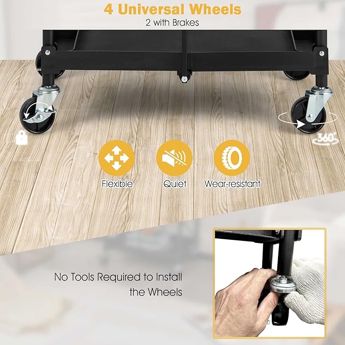 Goplus Folding Utility Cart on Wheels, 250lbs 3-Tier Rolling Tool Cart w/Lockable Casters & Compartments, Fast Fold up Collapsible Metal Service Cart for Office, Garage, Kitchen, Black