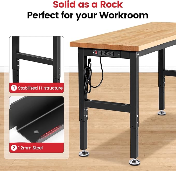 ENJOYWOOD 48" x 20" Garage Workbench Adjustable Height Work Table with Pegboard Heavy Duty Rubberwood Top Work Bench for Workshop, Office & Home
