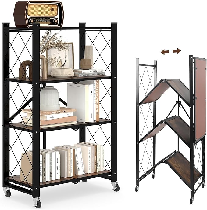 4 Tier Folding Shelf with Wheels, Wood and Metal Bookshelf, no Assembly Foldable Storage Shelves, Vintage Storage Rack for Living Room, Bedroom, and Home Office
