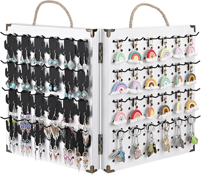 MOOCA Wooden Foldable and Portable 2 Panel Pegboard Jewelry Display Organizer with 48 Removable Black Metal Hooks & Convenient Rope Handle for Easy Carrying, Dual-Sided Panels for Hanging, White Color