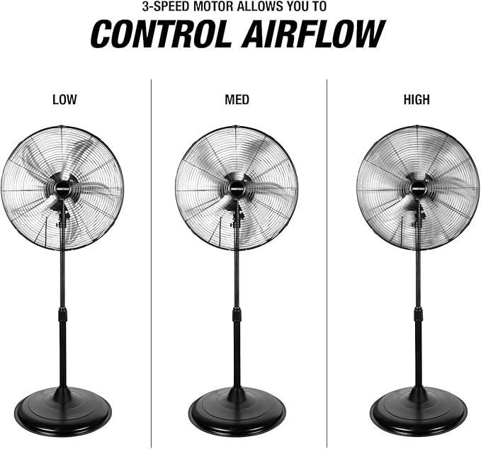 OEMTOOLS OEM24871 20" Oscillating Pedestal Fan, Adjustable Height for Garage, Shop, Gym, Warehouse 4500 CFM Airflow, 3-Speed Enclosed Motor, 5 Aluminum Blades, Dust-Resistant Industrial Purpose