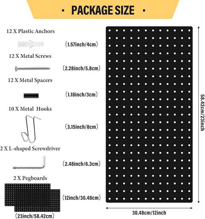 DEWEL Peg Board 2 Pack, 23x12 Inch Metal Pegboard Panels with Hooks, Black Heavy Duty Wall Organizer System for Garage Tool Storage, Workshop, Office and Craft Room（2pcs black）