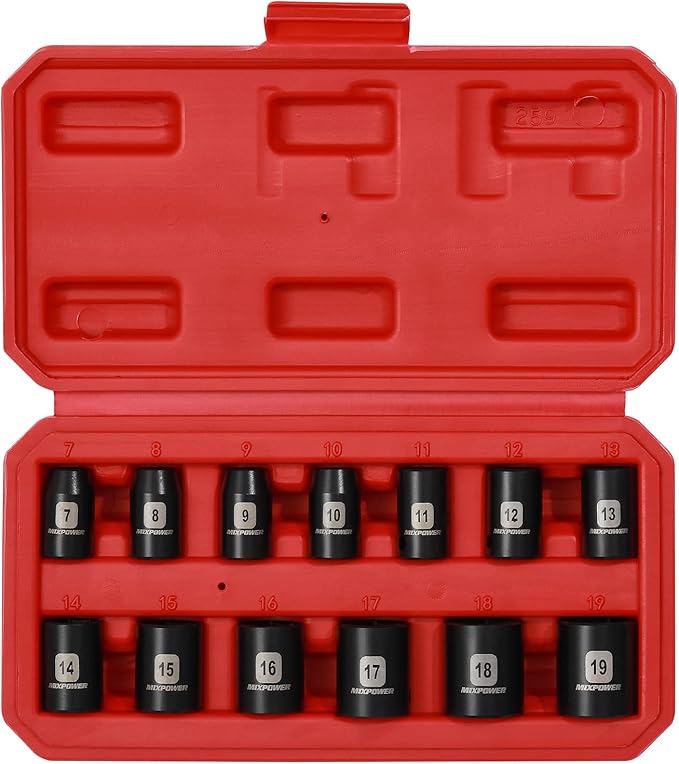 MIXPOWER 13 Pieces 3/8-Inch Drive Shallow Impact Socket Set, 7mm to 19mm, CR-V, Metric, 6 Point, Shallow, 13 Pieces 3/8" Dr. Socket