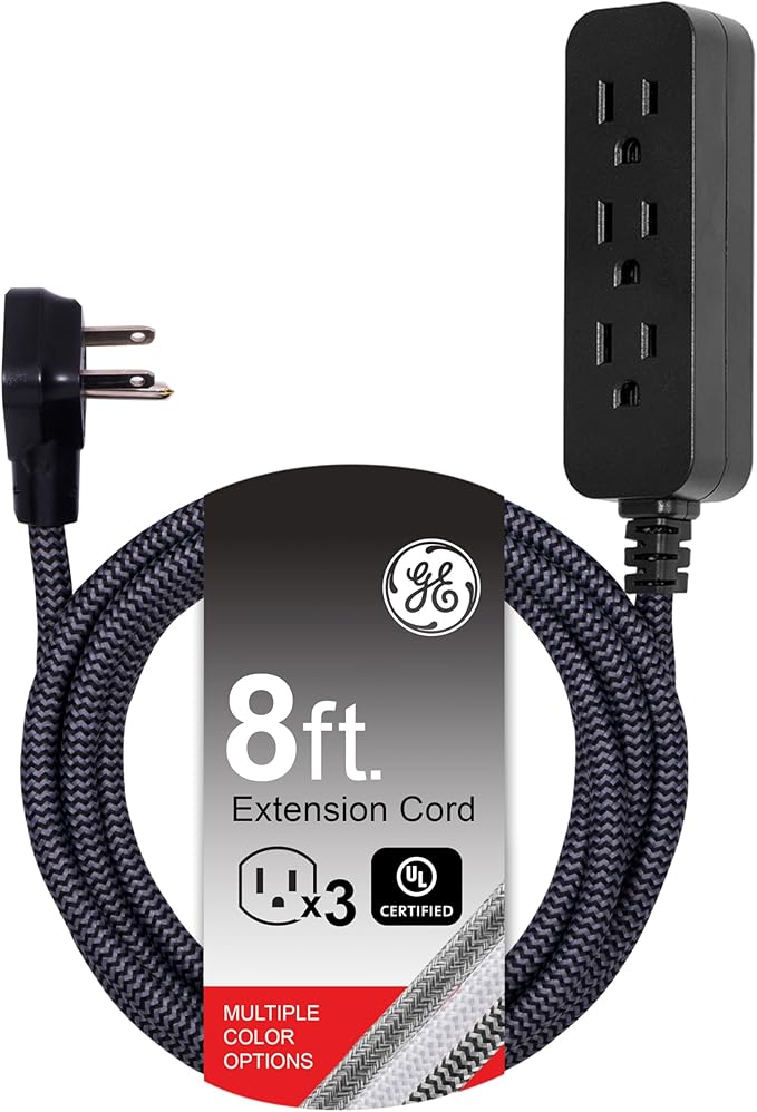 GE 3-Outlet Power Strip Extension Cord with Multiple Outlets 8 Ft Braided Short Cord Extension Cord Grounded Flat Plug ETL Listed White 41282