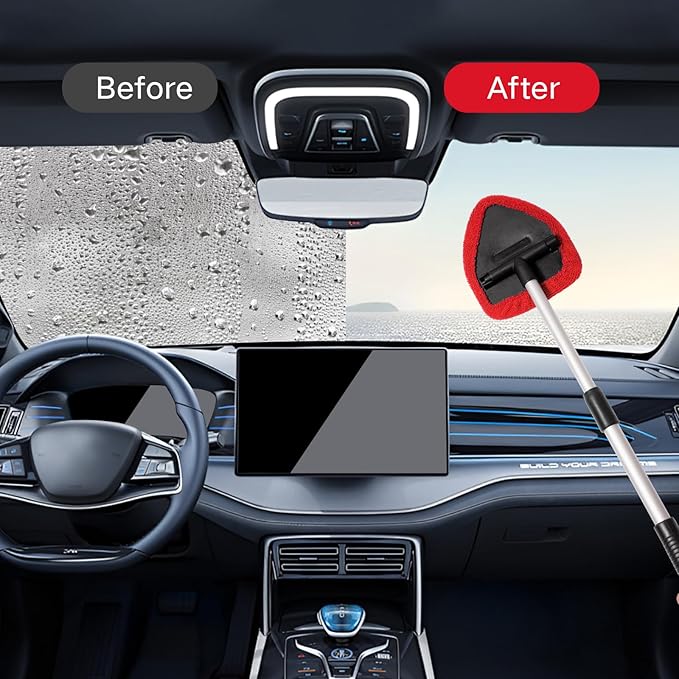 11pcs Windshield Cleaner Tool, Car Window Cleaning Wash Kit with 6 Reusable Microfiber Pads 2 Spray Bottles and Extendable Handles Auto Glass Wiper Kit, Red
