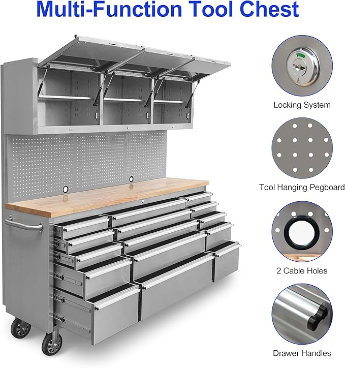 72-Inch Stainless Steel Rolling Tool Box with 15 Drawers & 3 Upper Cabinets, Heavy-Duty Mobile Garage Workbench, Lockable Large Tool Chest Storage Cabinet with Wheels and Pegboard for Workshop