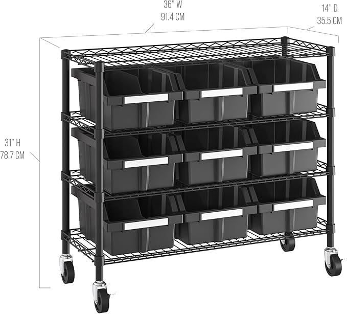 Seville Classics Heavy Duty NSF Bin Rack Solid Steel Wire Shelving Storage Unit, Patented Organizer for Garage, Warehouse, Office, Restaurant, Classroom, Kitchen, Graphite, 4-Tier includes 9 Bins