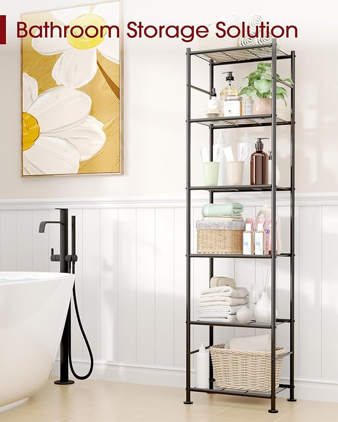 Sakugi 6-Tier Metal Storage Shelves - Slim Shelf Organizer with Reinforced Side Bars, Spacious Storage for Kitchen, Bathroom, and Laundry Room Organization, 18.2" x 12.5" x 70.1", Black